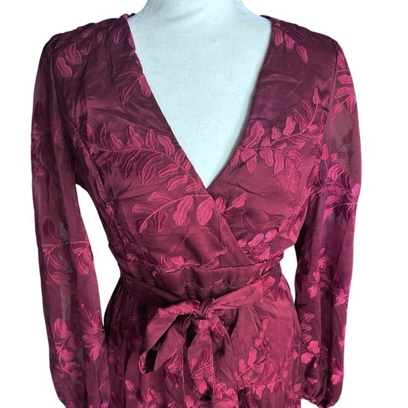 Lulu's Faux Wrap Midi Dress Large Party Holiday Chiffon Embroidered Asymmetrical - Picture 8 of 17